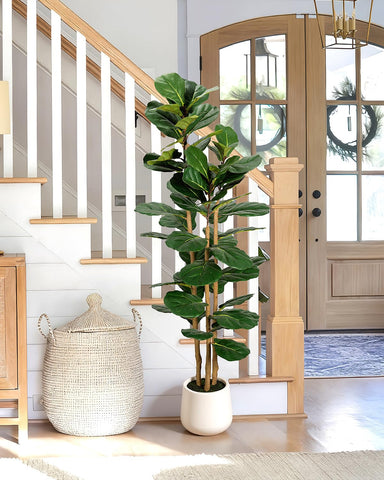 LuceAlberi white planter with moss enhances modern décor and securely holds the faux tree.