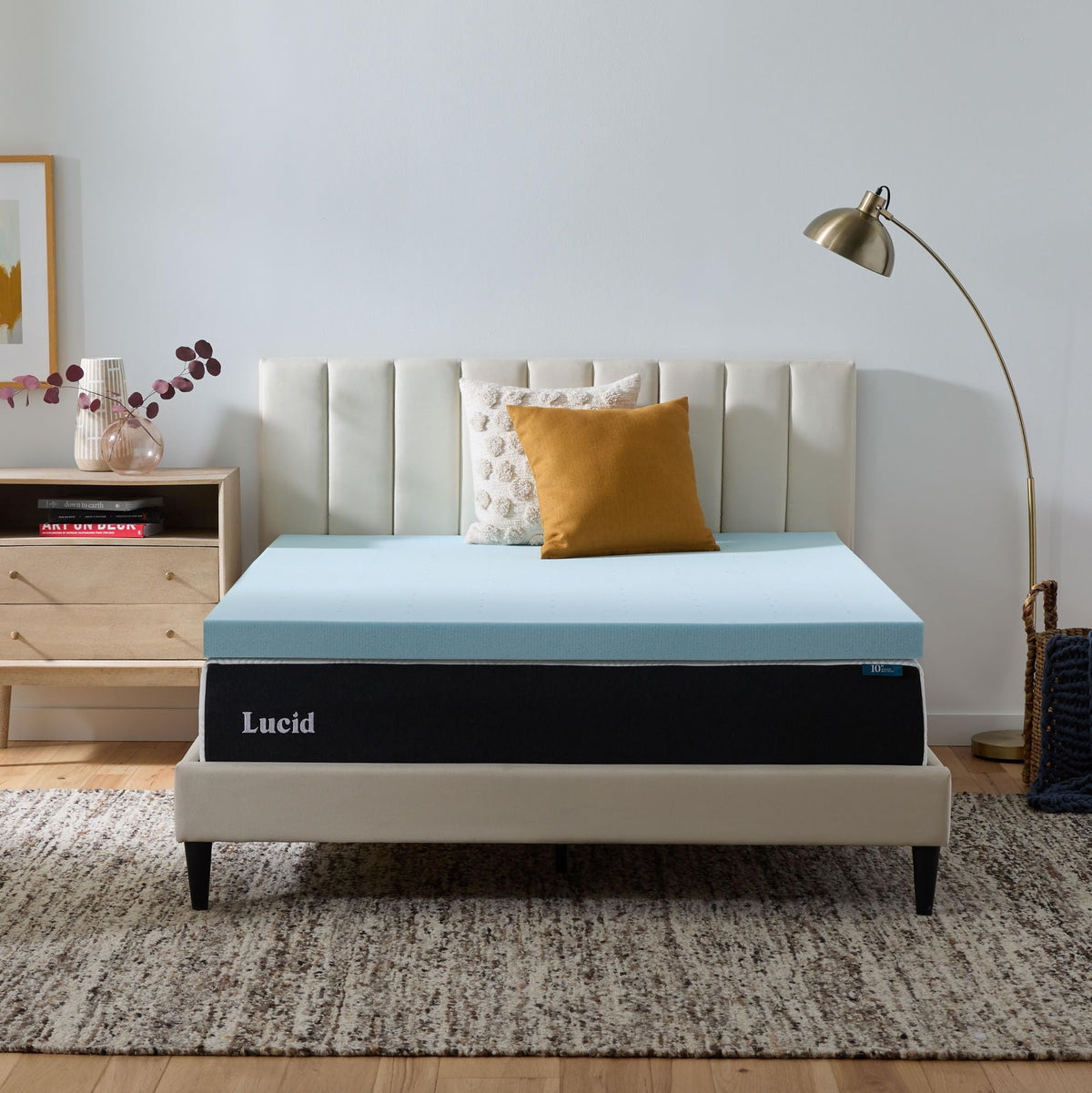 Lucid 3-inch memory foam topper on Twin XL bed delivers plush, pressure-relieving comfort.