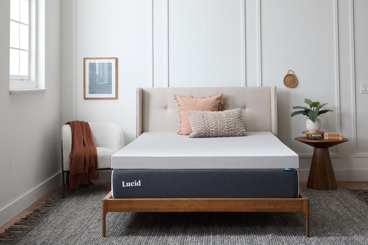Lucid 4in bamboo charcoal memory foam topper on king bed cover shows cloudlike comfort