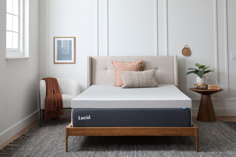 Lucid 4in bamboo charcoal memory foam topper on king bed cover shows cloudlike comfort