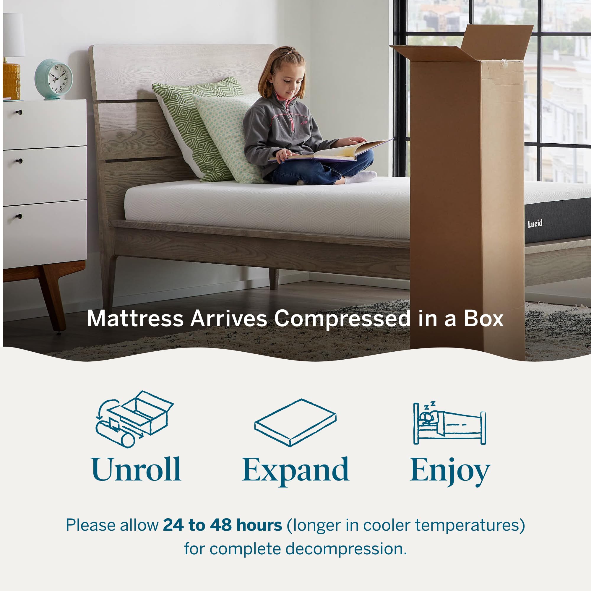 Lucid 6in memory foam mattress bamboo charcoal close-up highlights odor and moisture management.