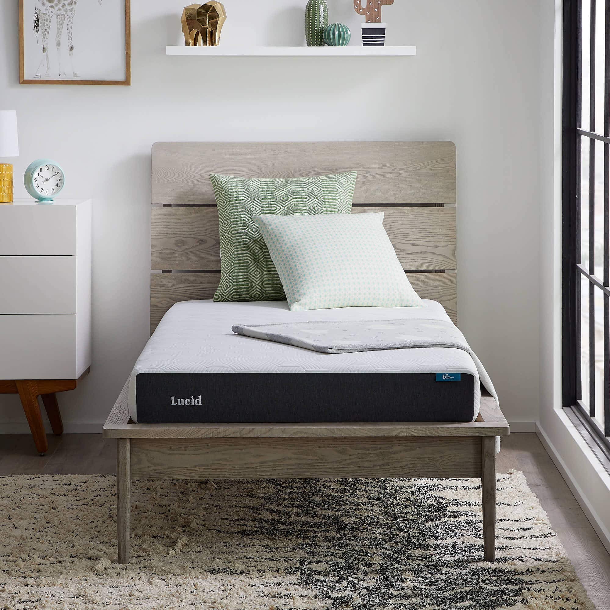 Lucid 6in memory foam mattress top view highlights compact low-profile design for small spaces.