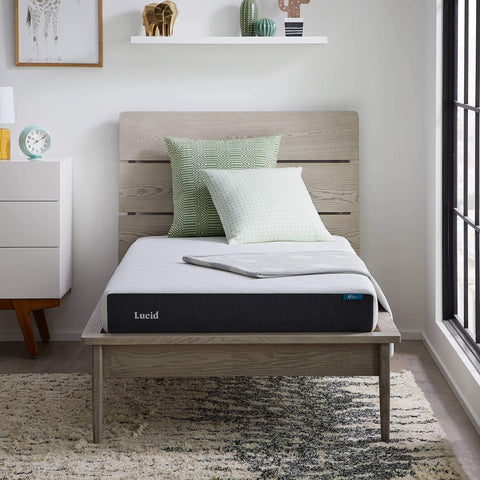 Lucid 6in memory foam mattress top view highlights compact low-profile design for small spaces.