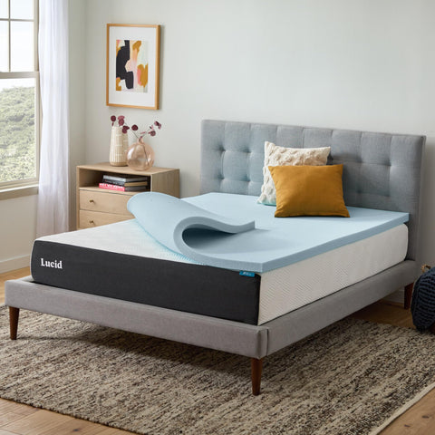Lucid memory foam topper on bed demonstrates plush, breathable surface.