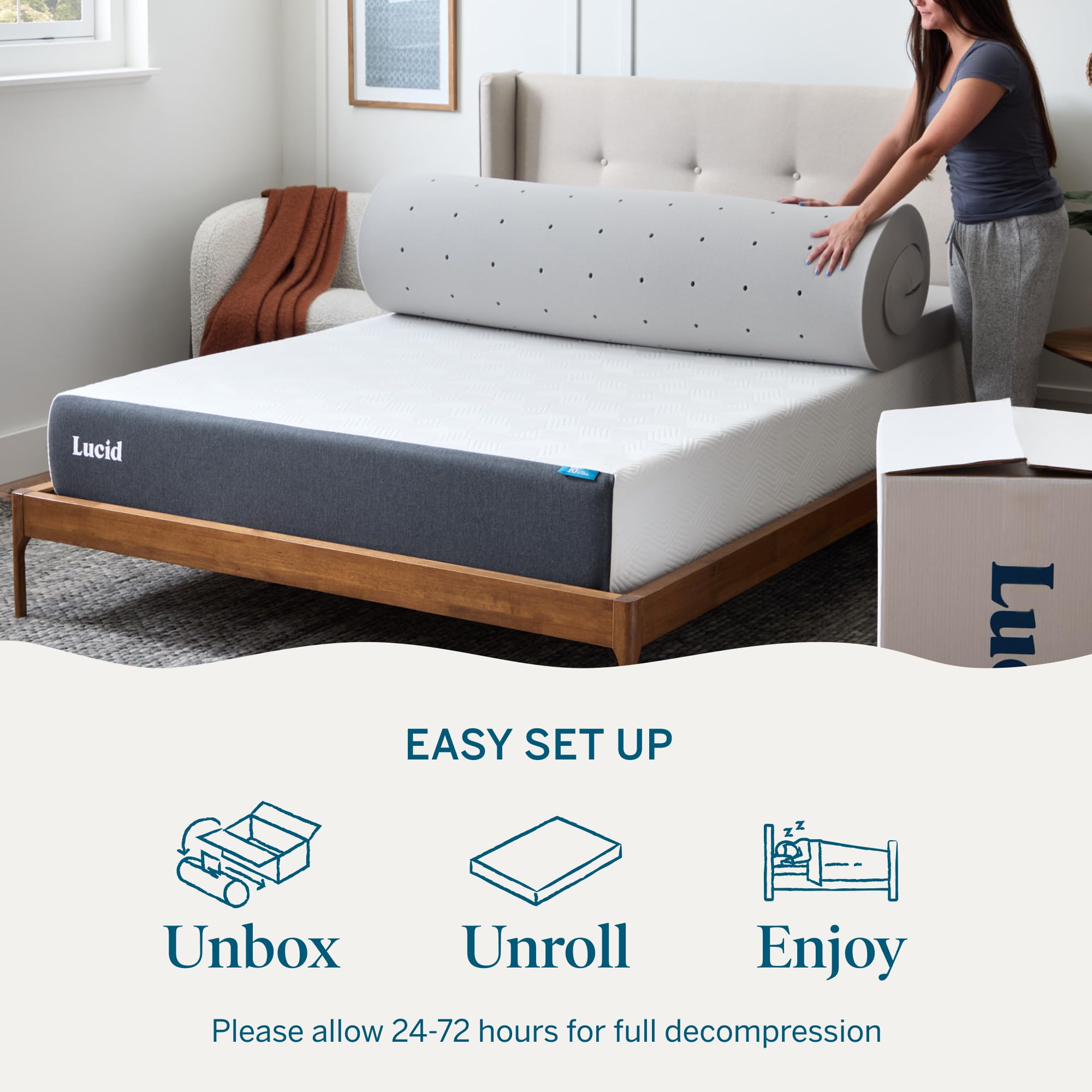 Lucid topper packaged in box showing easy delivery and setup