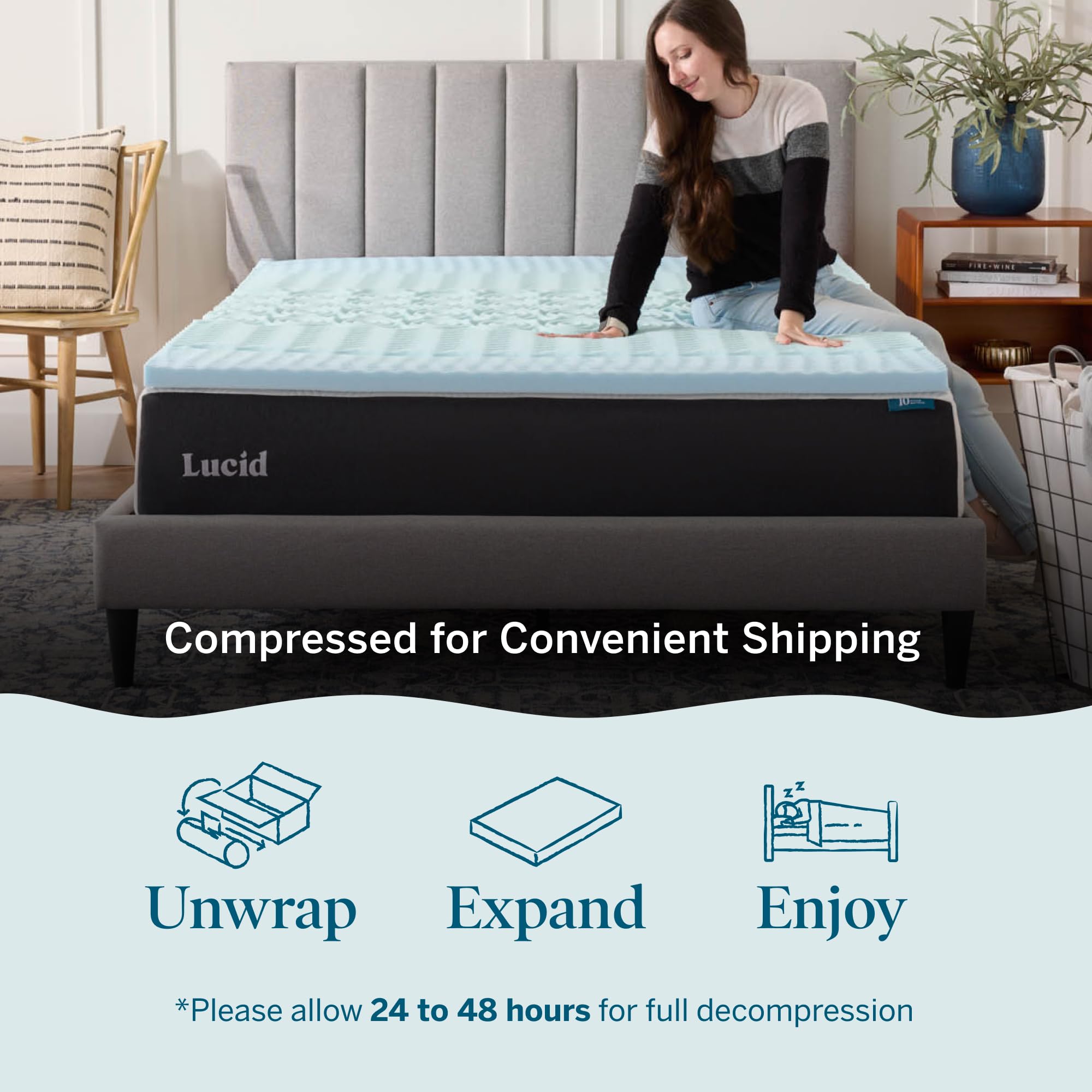 LUCID plush memory foam with ventilated design for airy comfort.