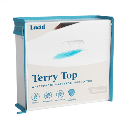 LUCID premium mattress protector full front view, protects against spills while preserving mattress feel