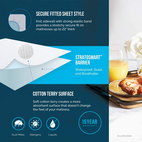 LUCID premium protector top cotton terry, breathable surface for quiet, cool sleep