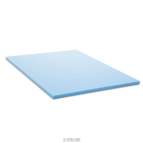 Lucid queen-size topper unrolled on bed ready to add soft, responsive support.