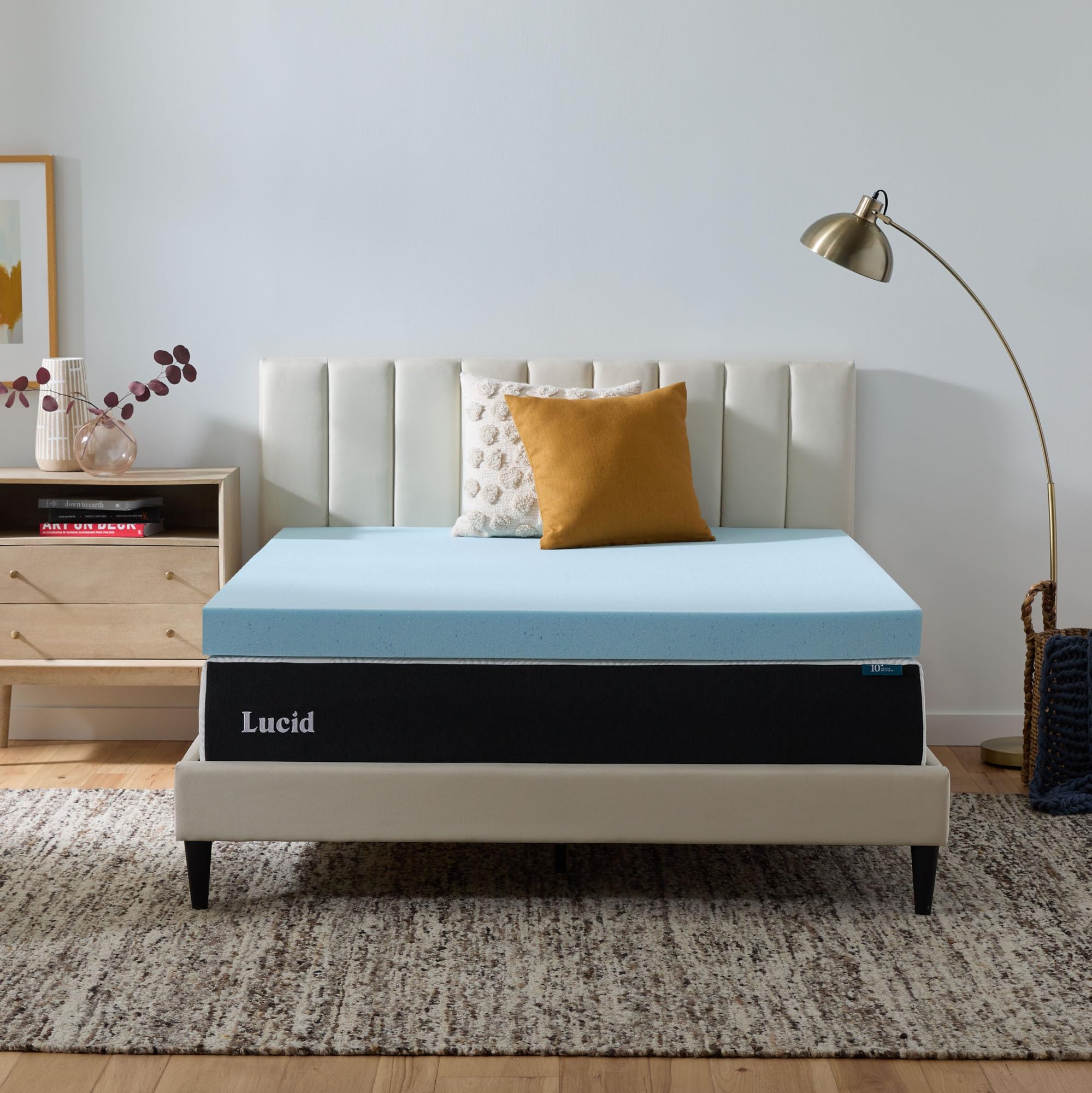 Lucid full-size topper on bed showing added support and comfort