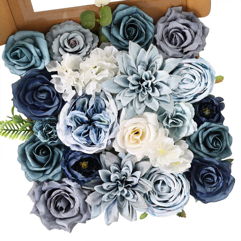 Luckinds dusty blue artificial flowers close-up with lifelike petals for wedding decor