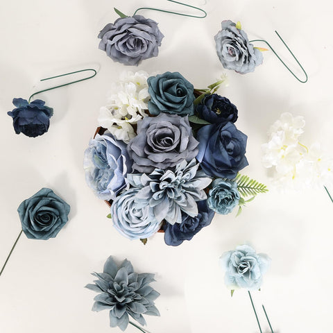 Luckinds dusty blue artificial flowers leaves close-up showing realistic greenery