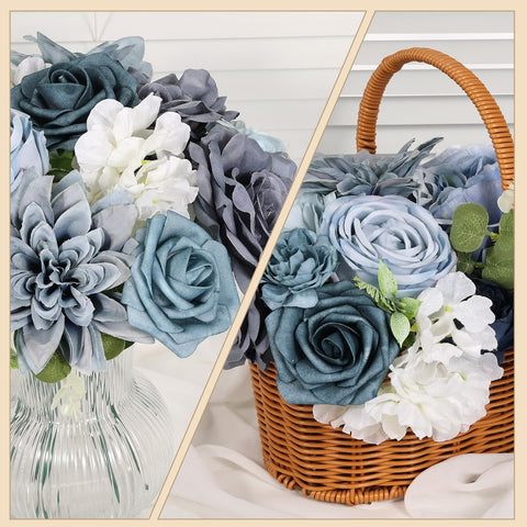 Luckinds dusty blue artificial flowers vase arrangement ready to display