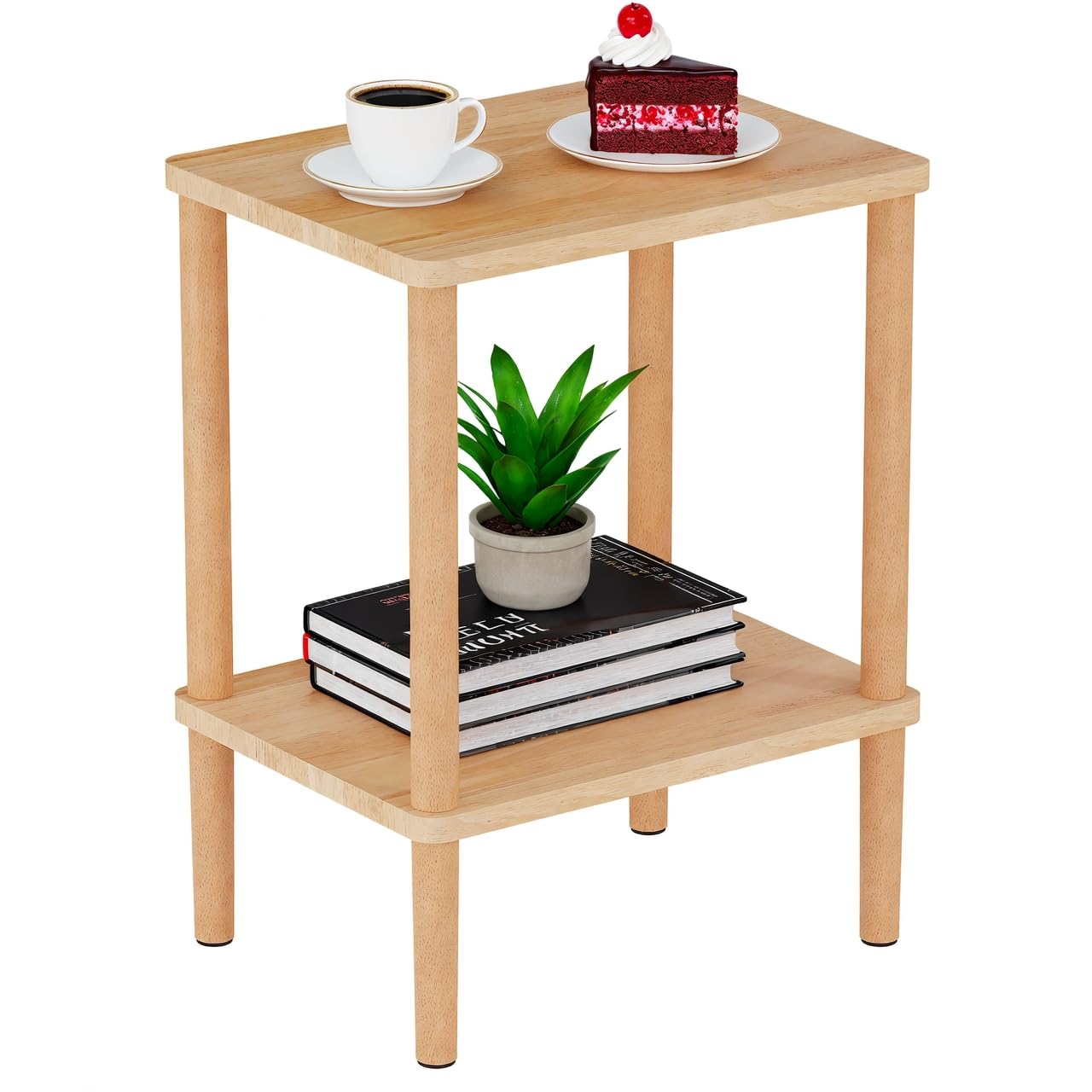 LUCKNOCK solid wood side table two-tier storage beside bed for lamps and books.