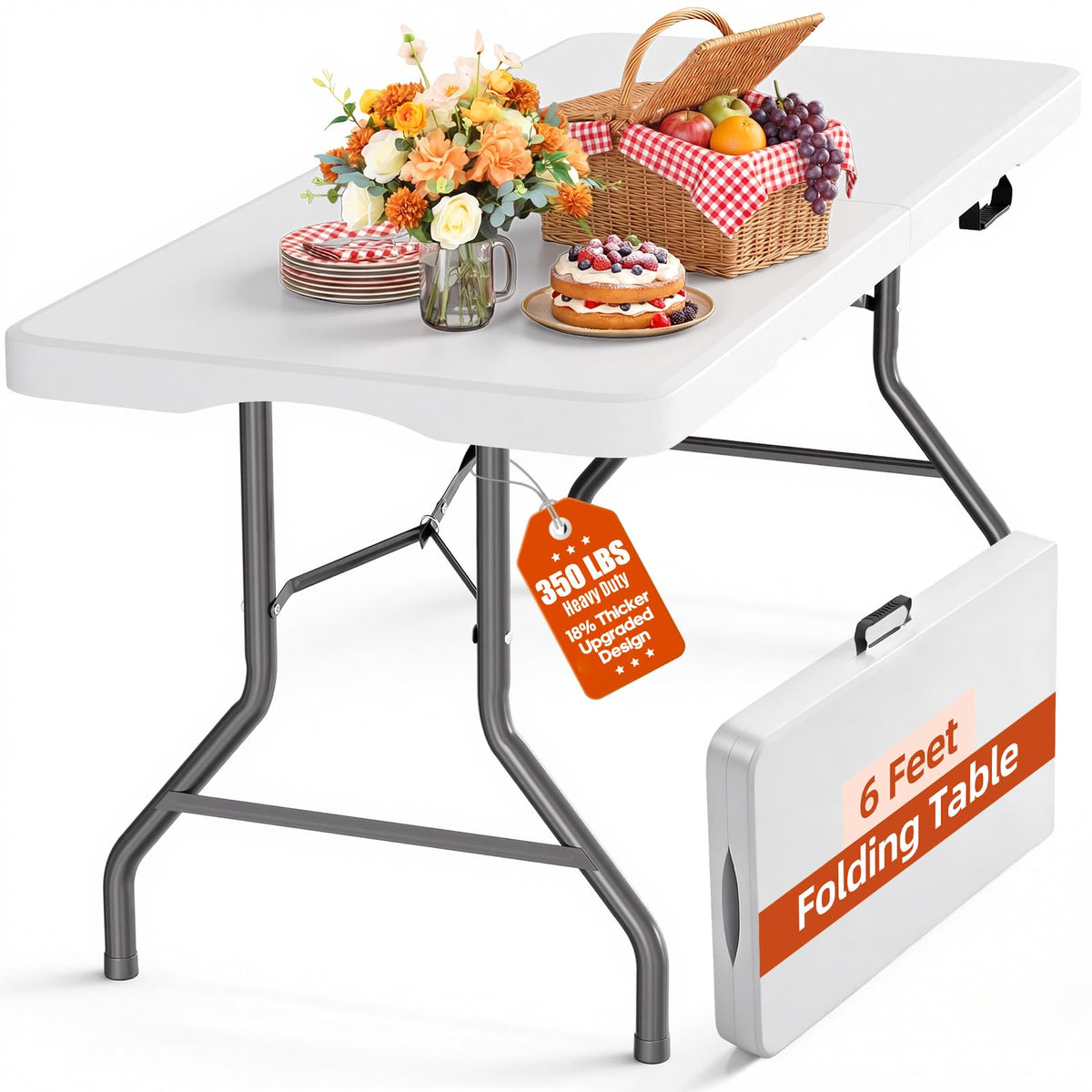 LUCKPRO 6ft folding table top shows a sturdy 18% thicker HDPE surface for reliable use.