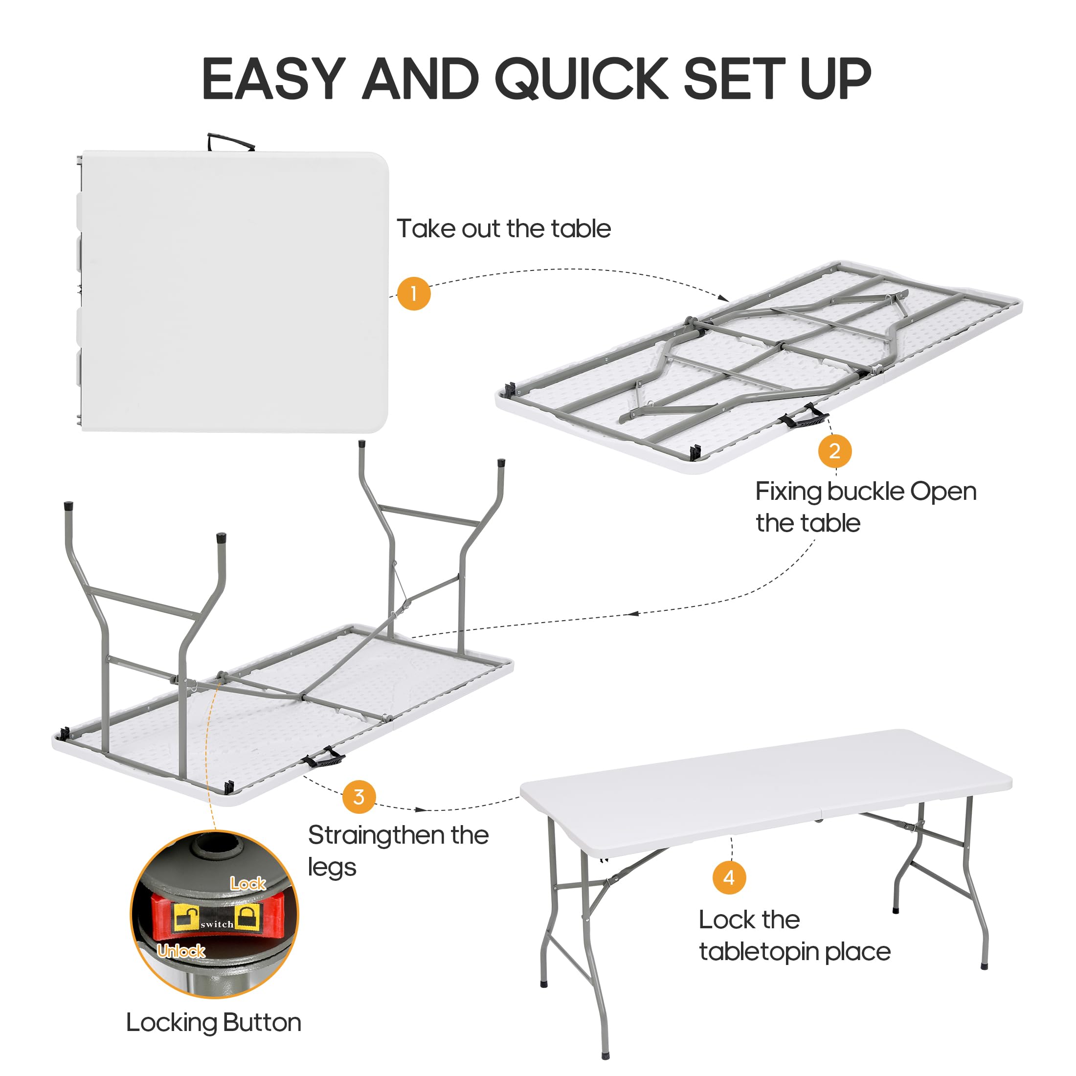 LUCKPRO 6ft table dependable for catering, weddings, camping, and events.
