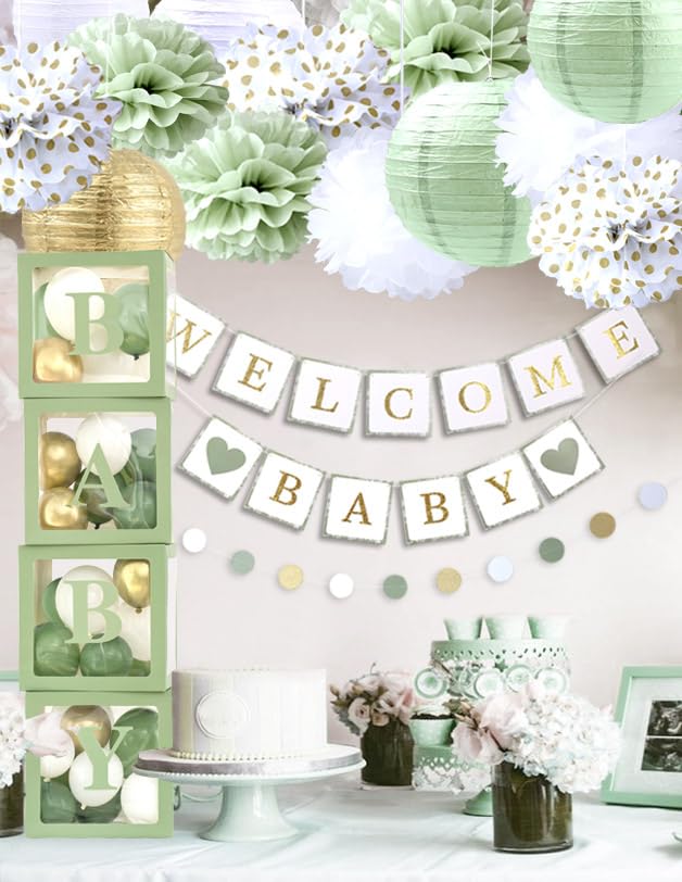 Luckylibra Sage Green baby shower table setup with coordinated colors