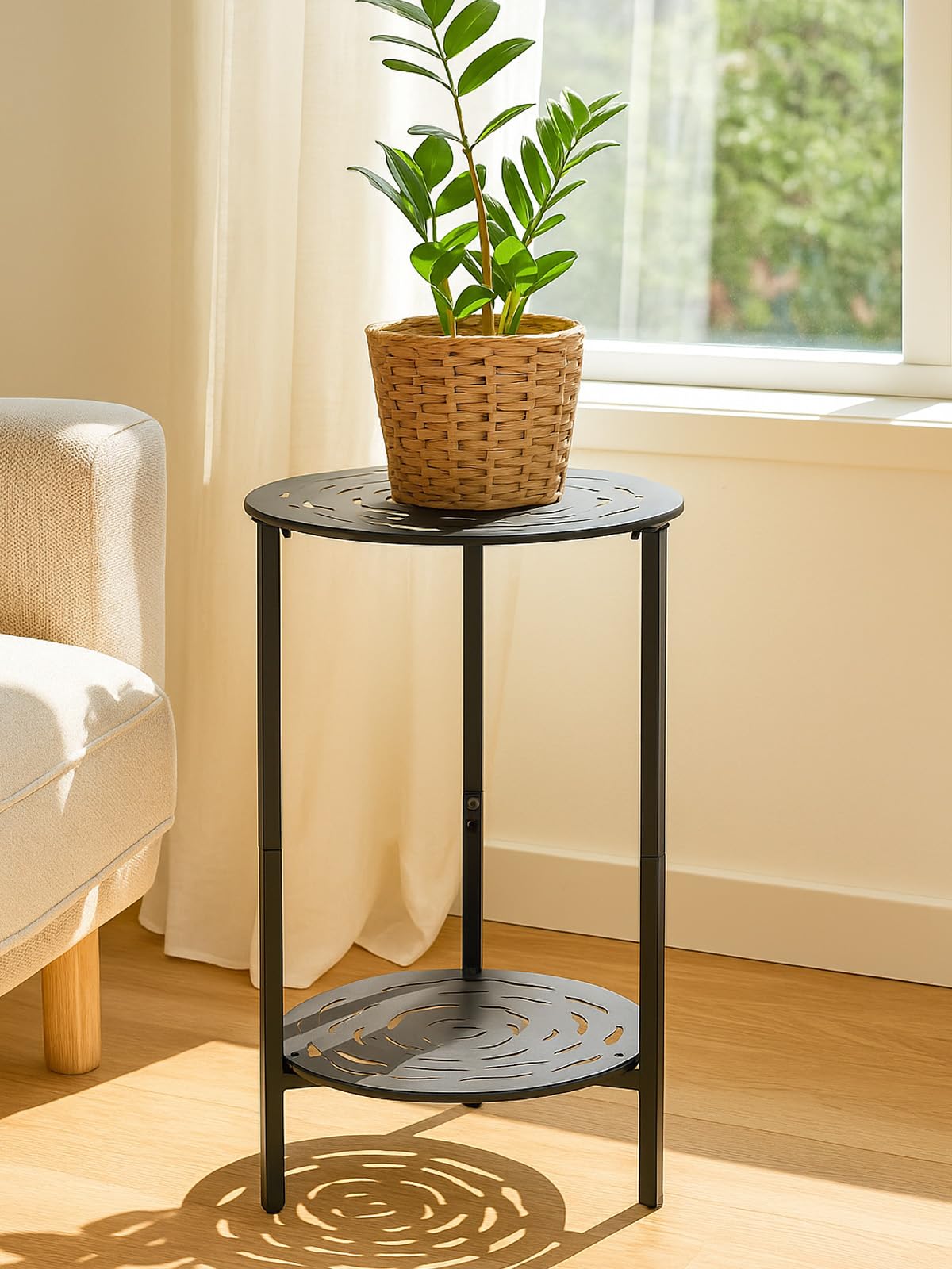 Lucpur end table with floral cutouts adds texture and charm.