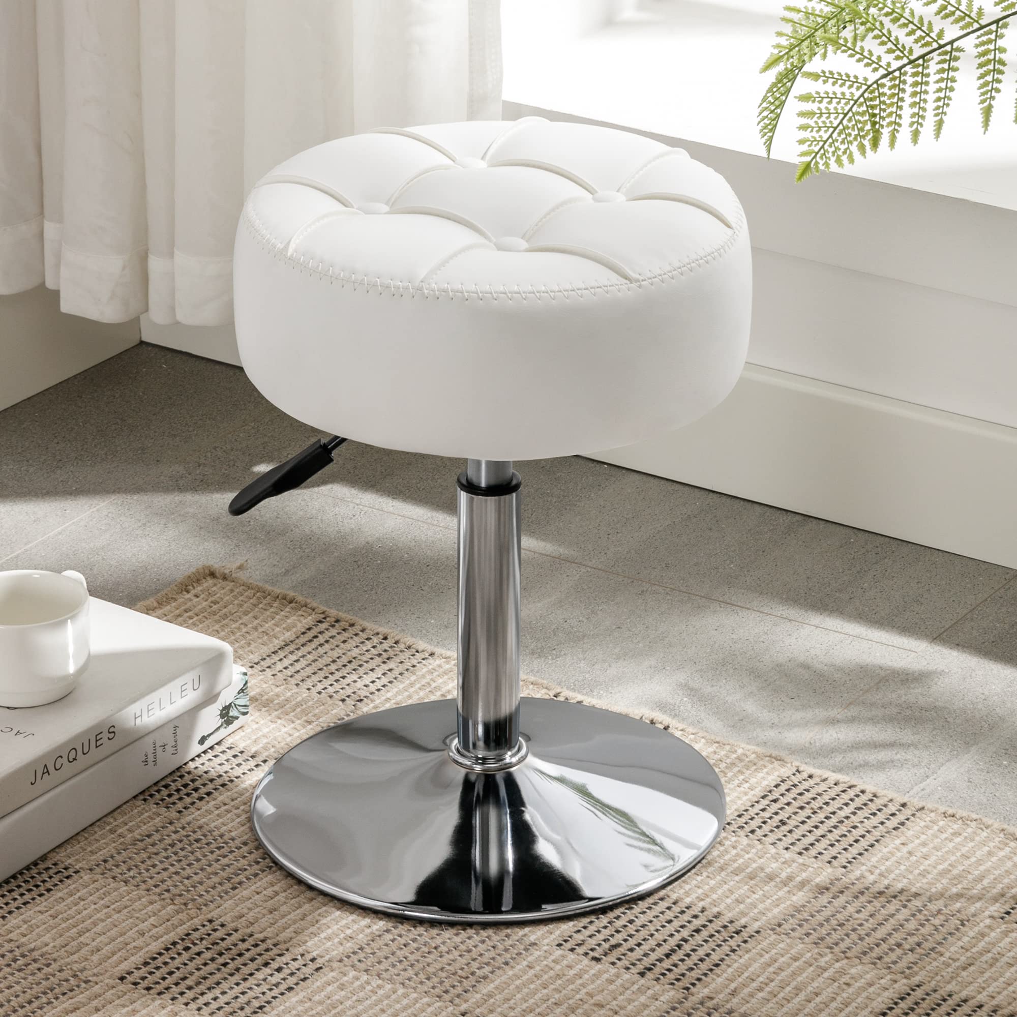 LUE BONA vanity stool with height adjust and 360° swivel for easy makeup access.