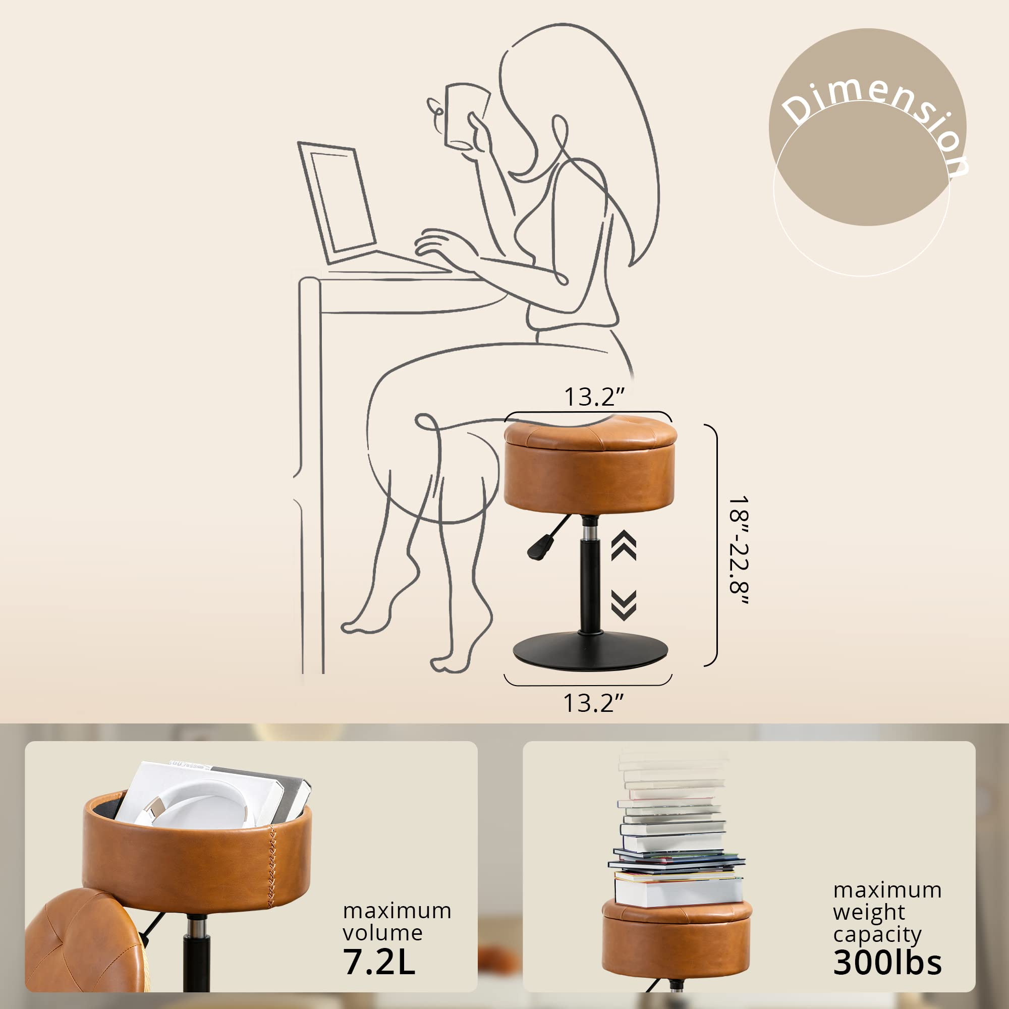 LUE BONA height-adjustable stool fits varied vanity heights for comfort.