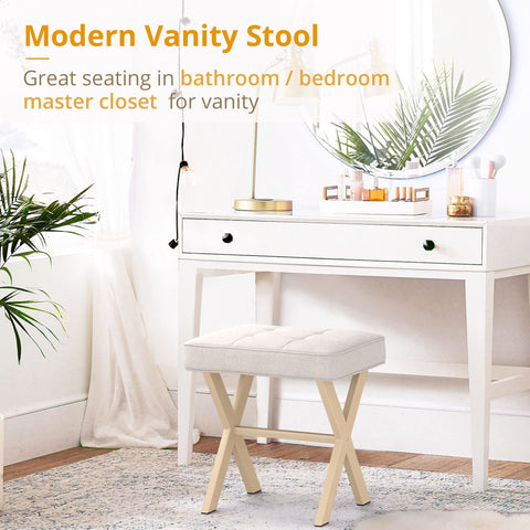 LUE BONA makeup stool with metal X legs, modern support for vanity area.