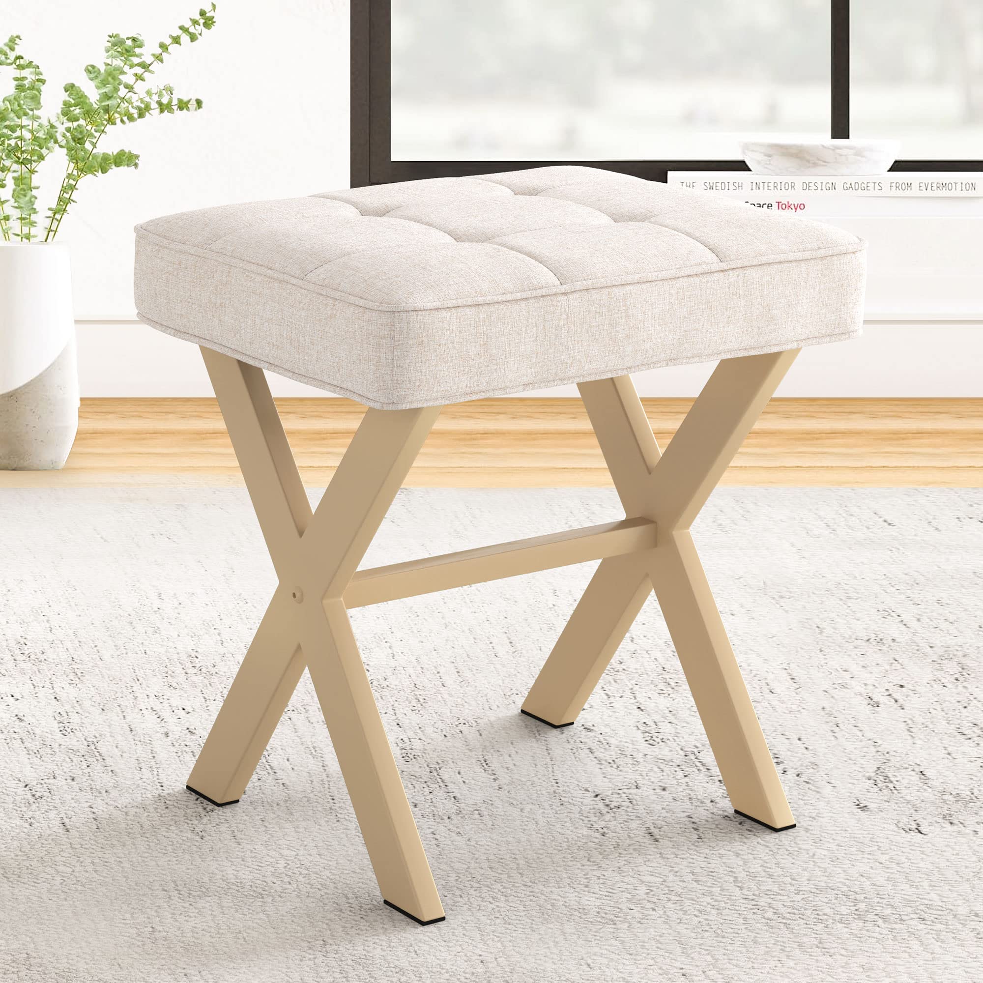 LUE BONA Square Linen Makeup Stool with padded seat, ideal for vanity seating.