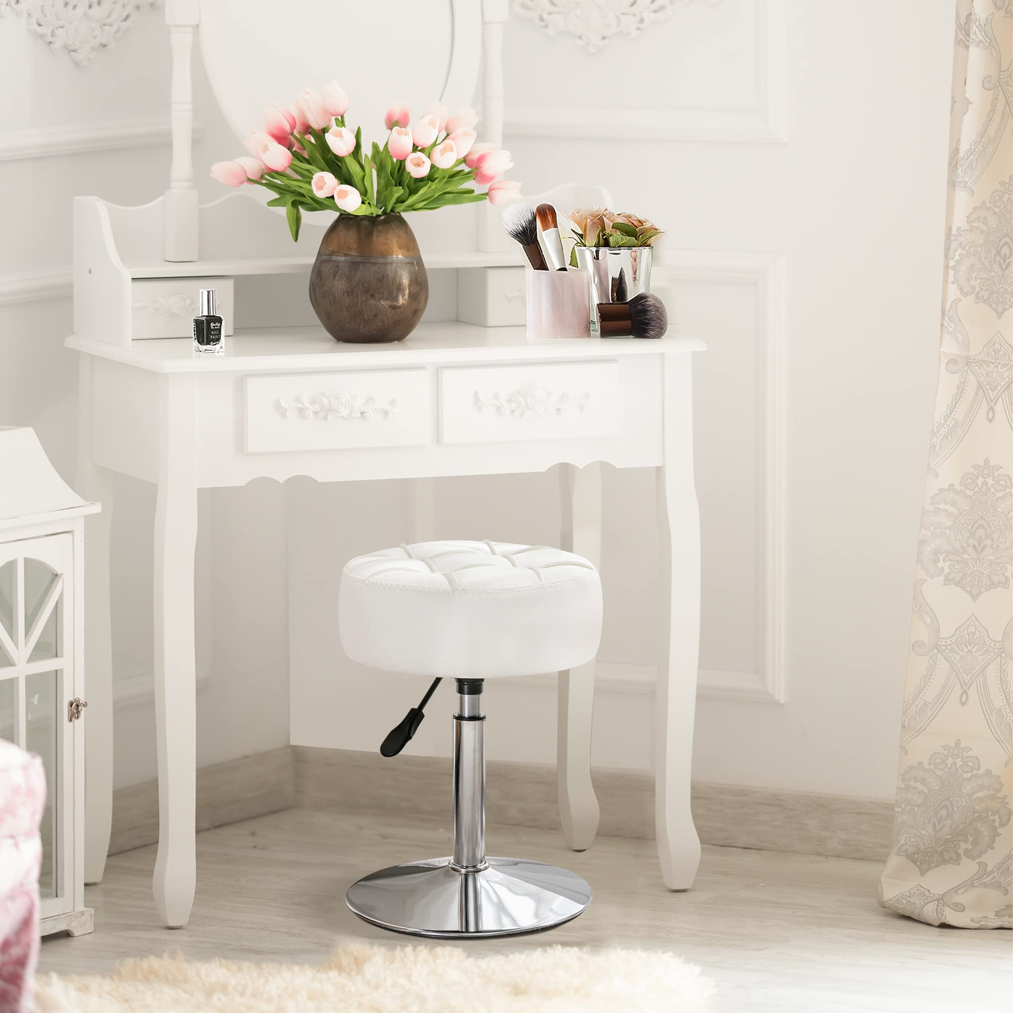 LUE BONA vanity stool on round metal base offering stable support.