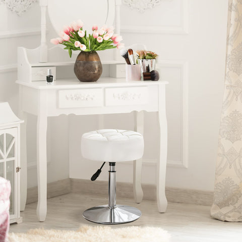 LUE BONA vanity stool on round metal base offering stable support.