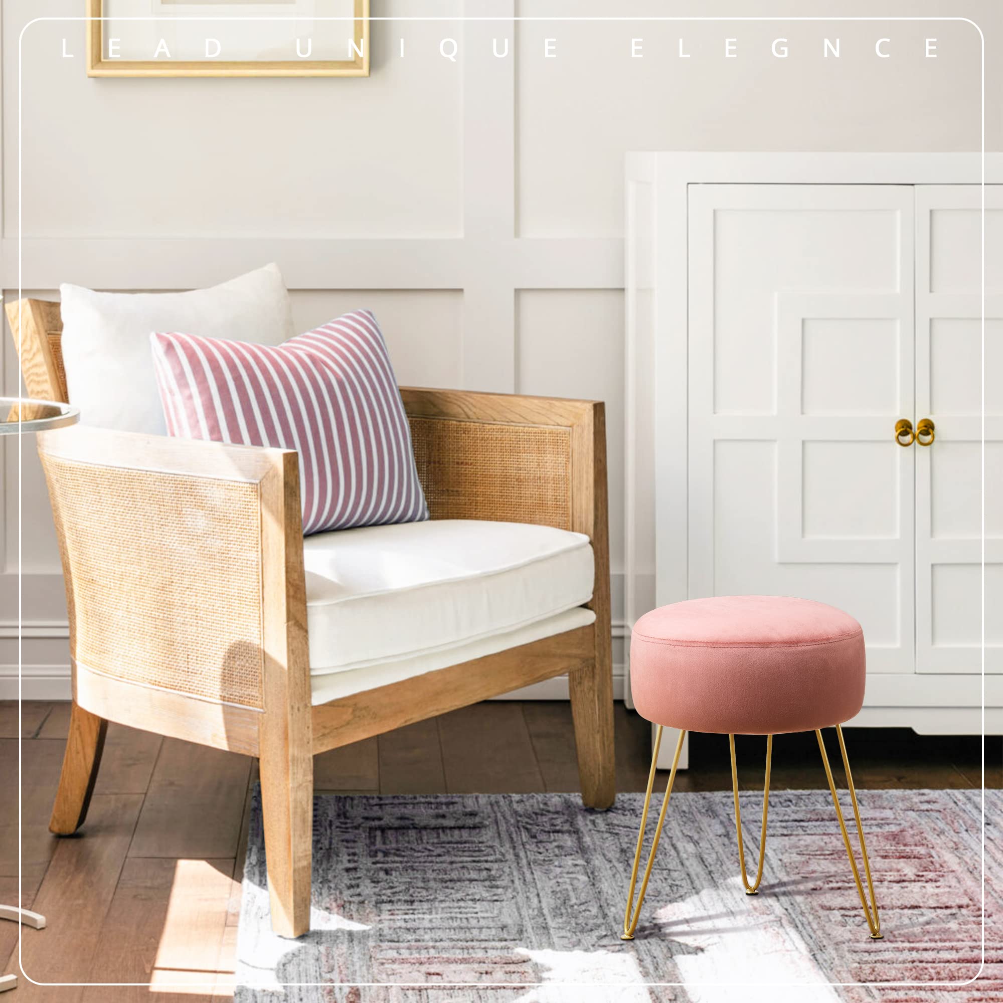 LUE BONA round velvet seat complements bathrooms, bedrooms, and living spaces.