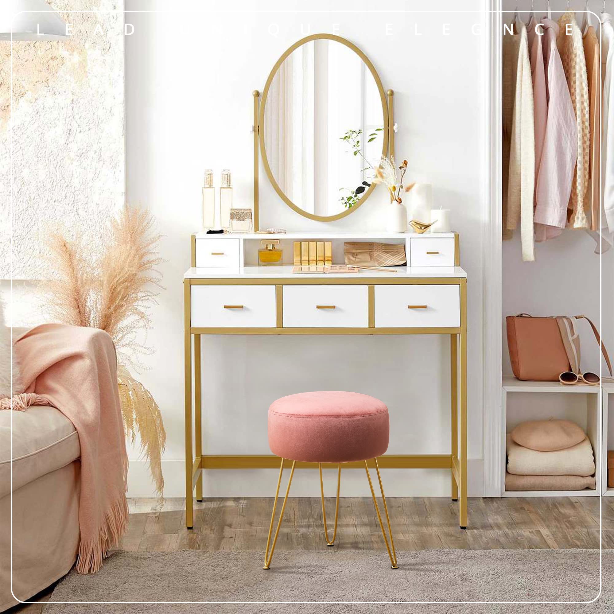 LUE BONA vanity stool with three gold legs offering stable support.