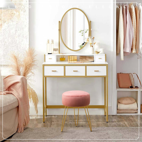 LUE BONA vanity stool with three gold legs offering stable support.