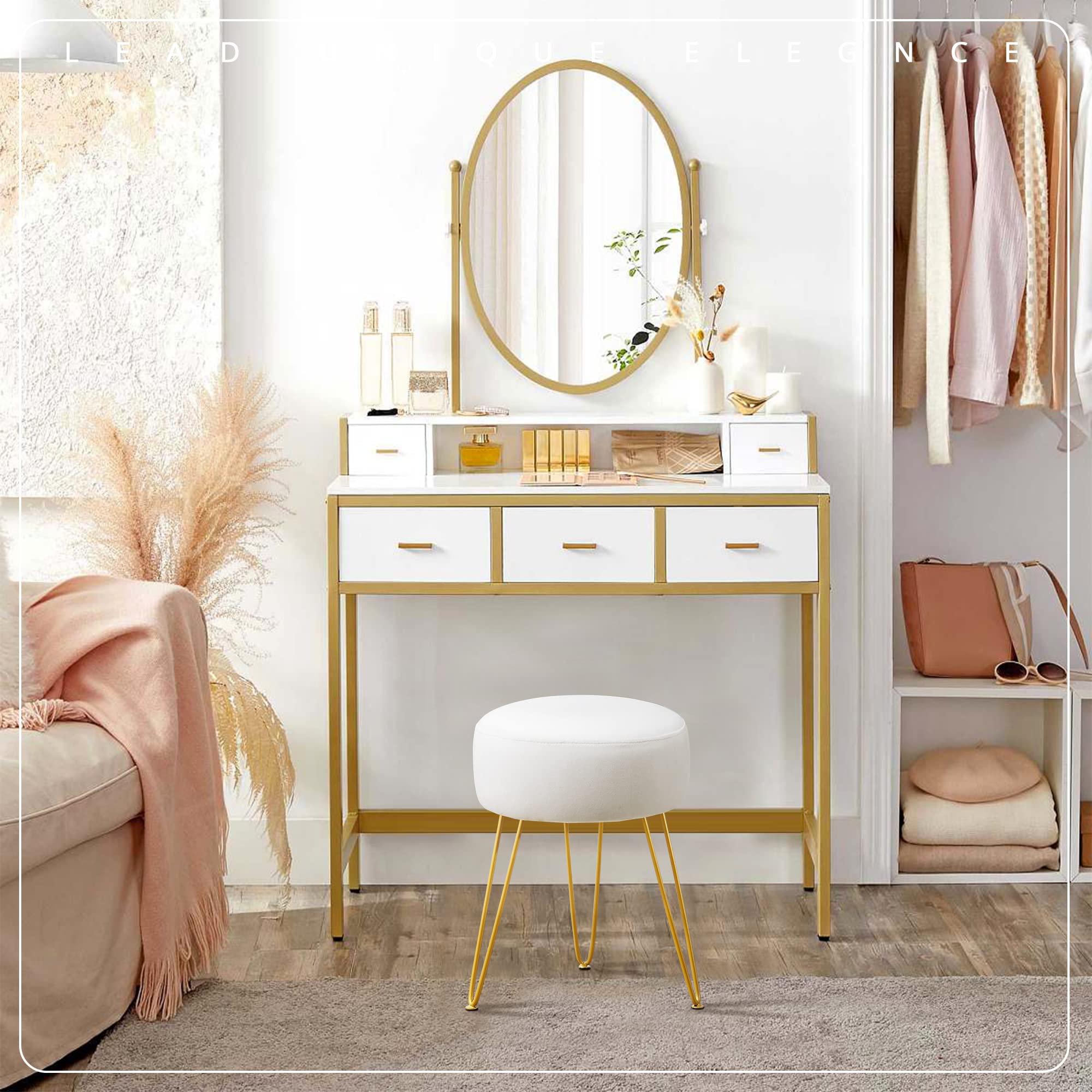 LUE BONA vanity stool with gold legs provides stable support on floors.