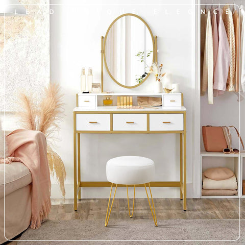 LUE BONA vanity stool with gold legs provides stable support on floors.