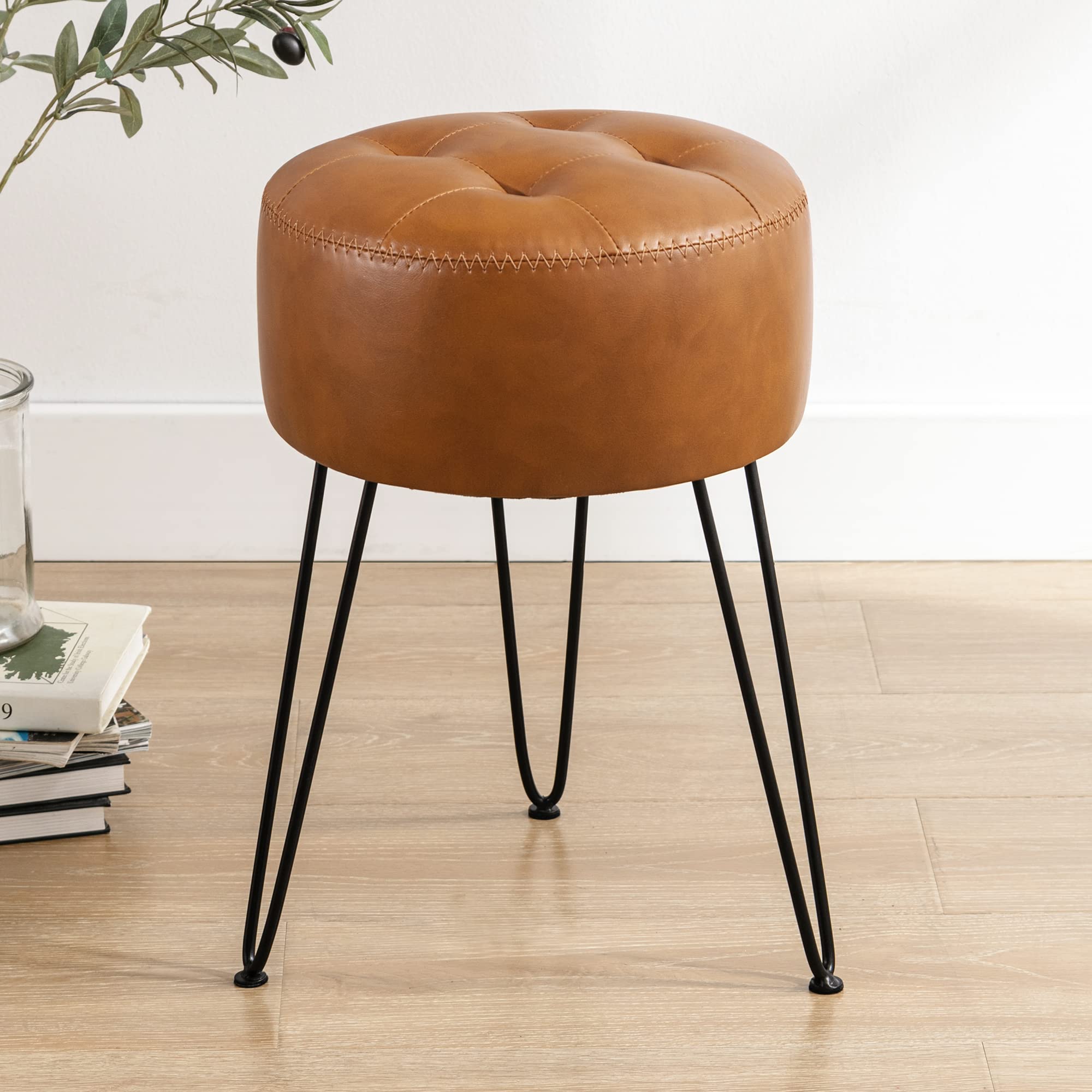 LUE BONA vanity stool with metal legs provides sturdy makeup seating.