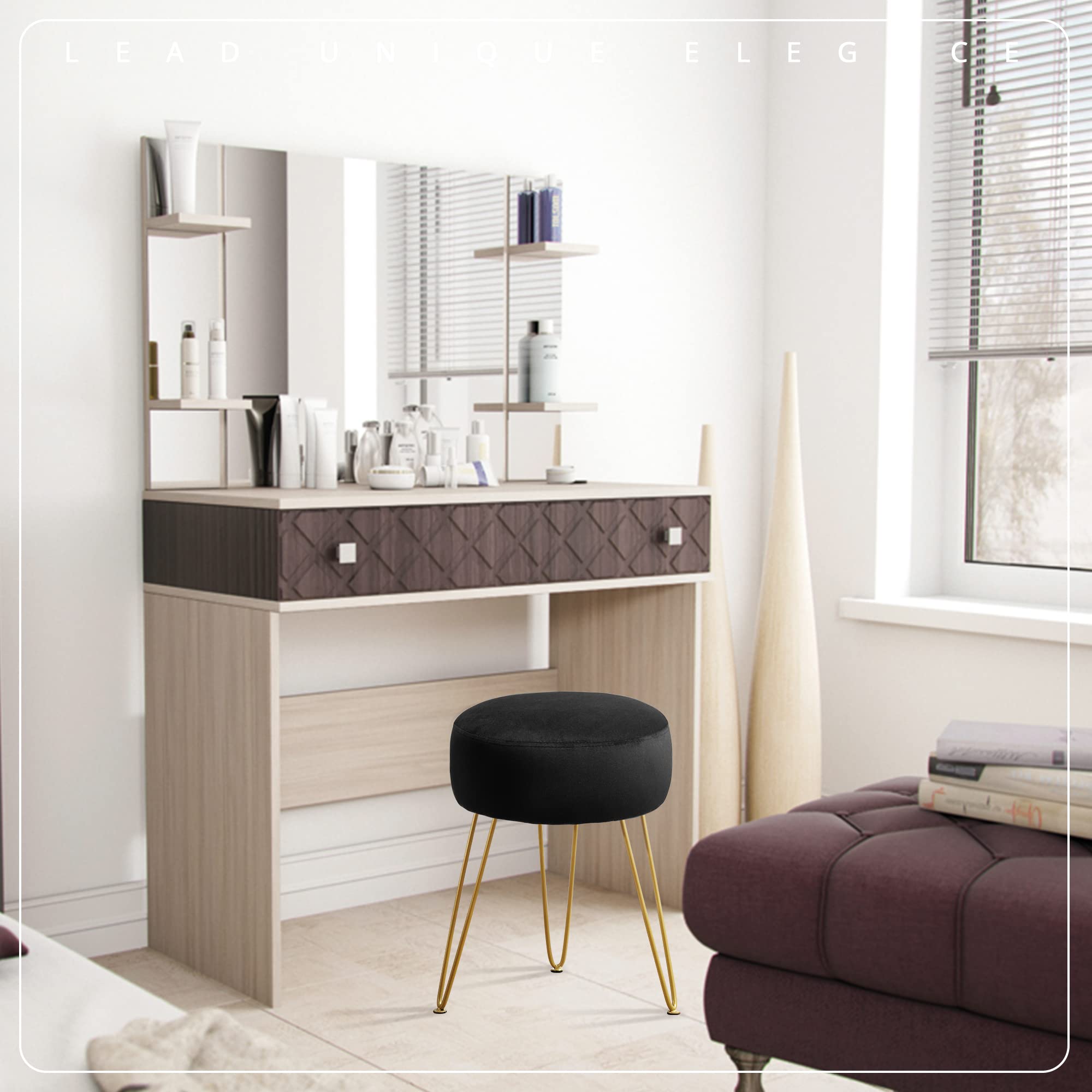 LUE BONA vanity stool velvet cushion highlights plush texture and comfort.