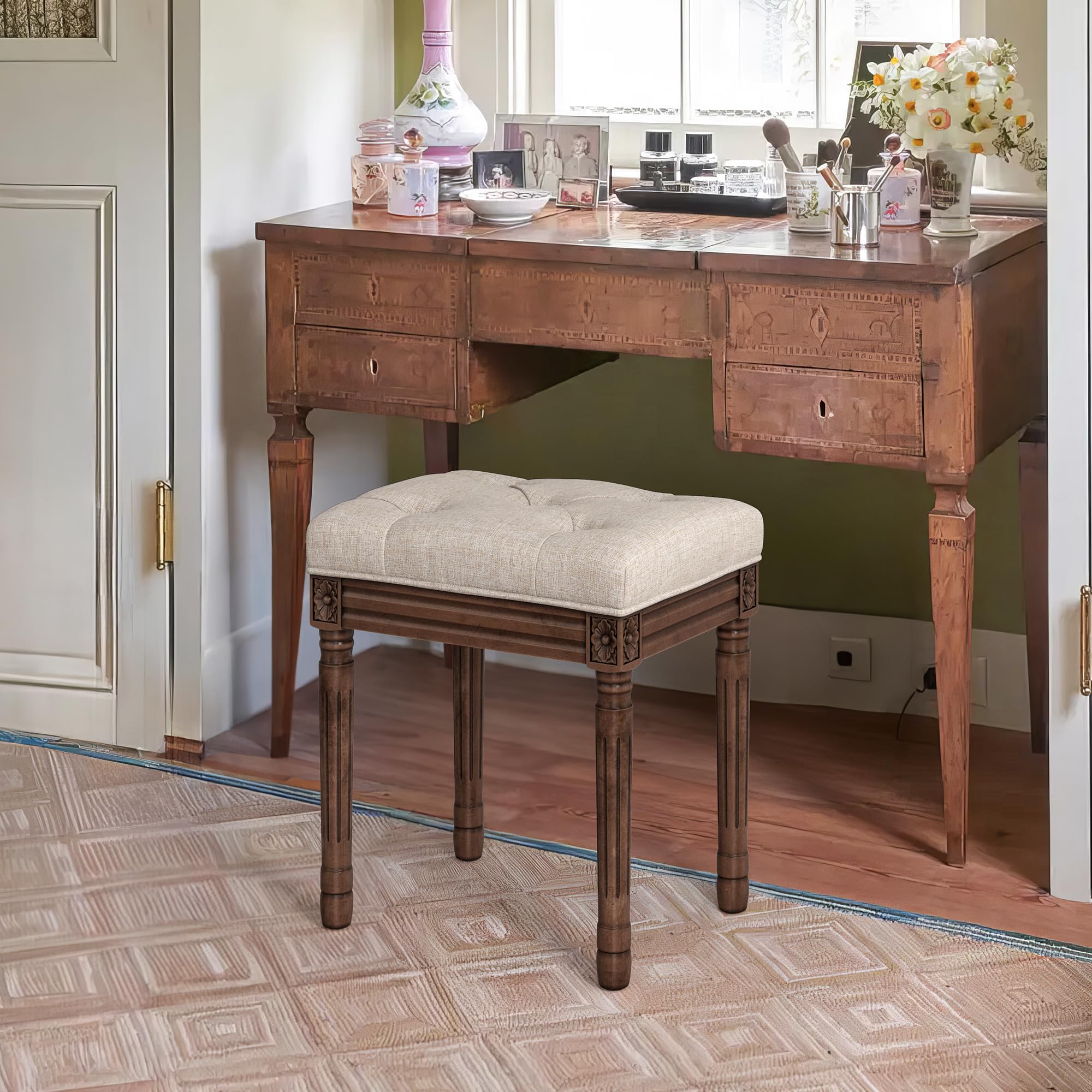 LUE BONA vanity bench with carved legs adds vintage charm and stability