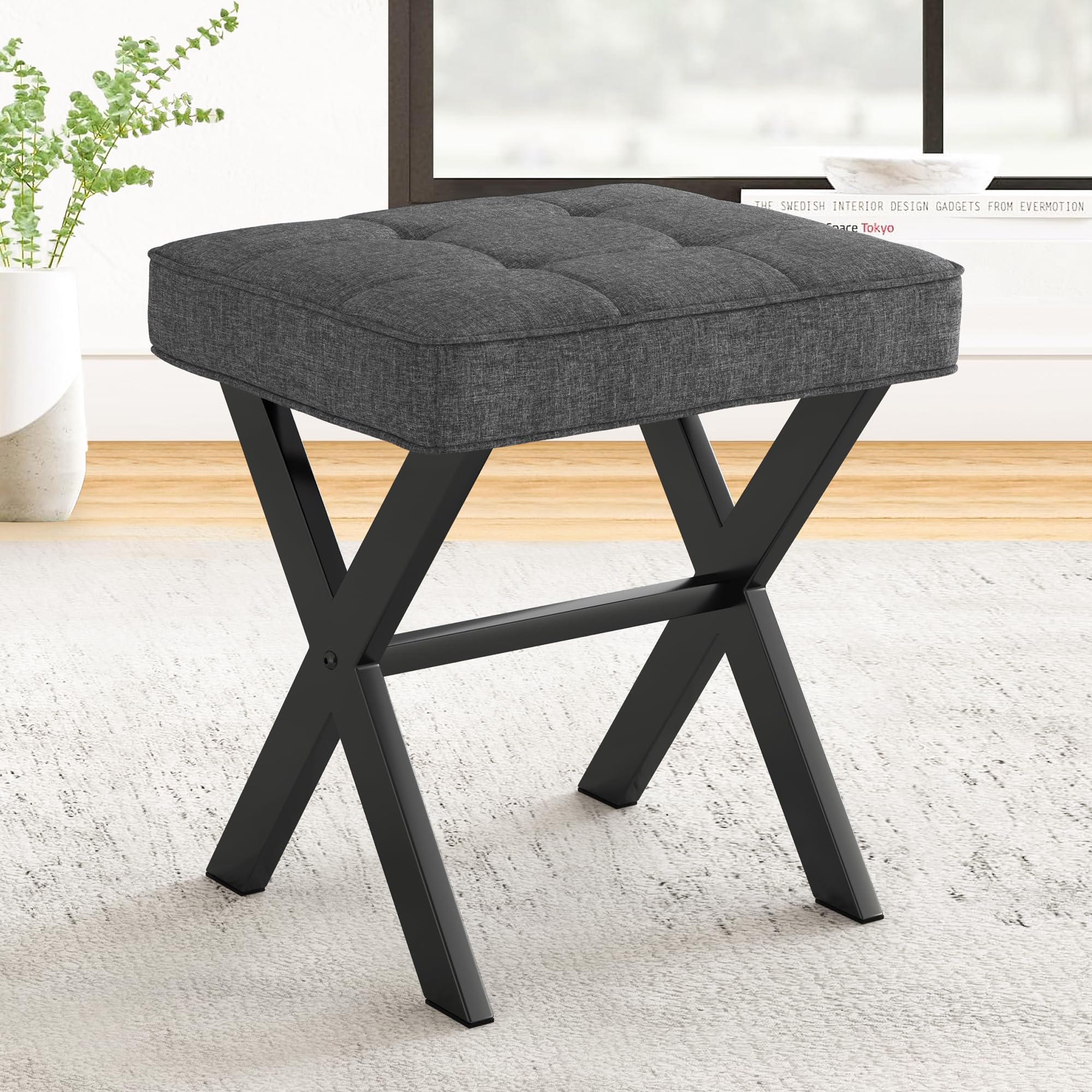 LUE BONA vanity stool with square linen seat for compact spaces
