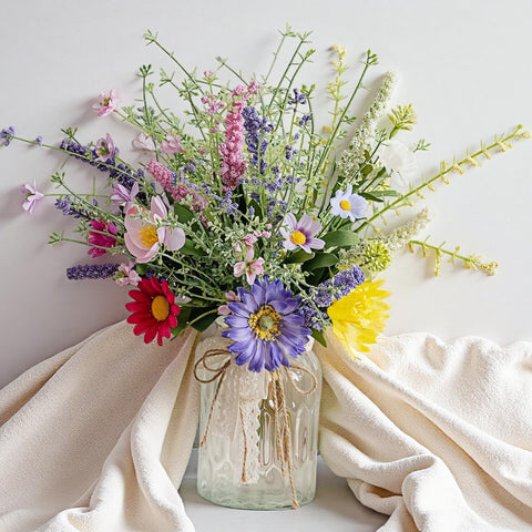 LUEUR artificial daisy and sunflower bouquet in a glass vase with twine for elegant home decor.
