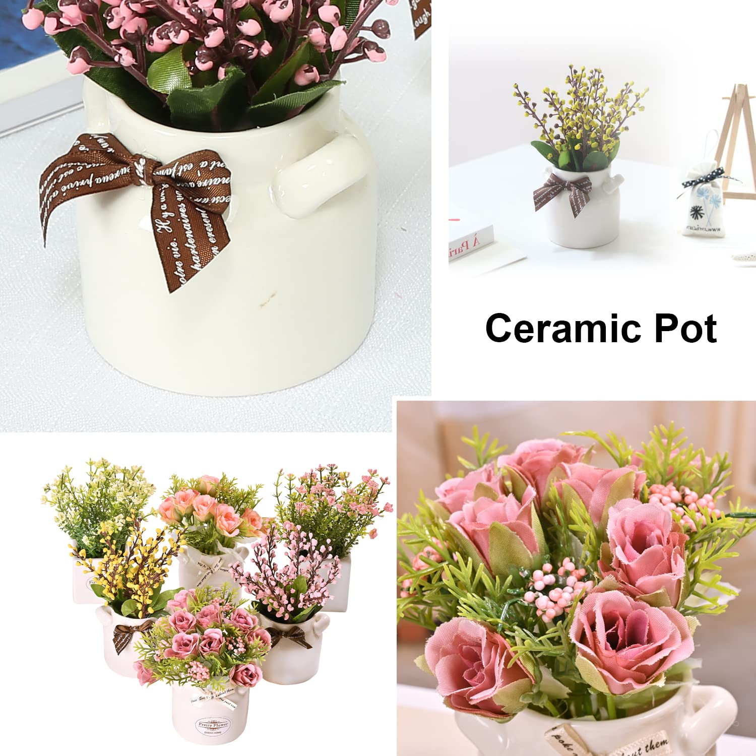 LUEUR six-piece faux florals in porcelain pots brighten desks with maintenance-free charm.