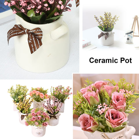 LUEUR six-piece faux florals in porcelain pots brighten desks with maintenance-free charm.