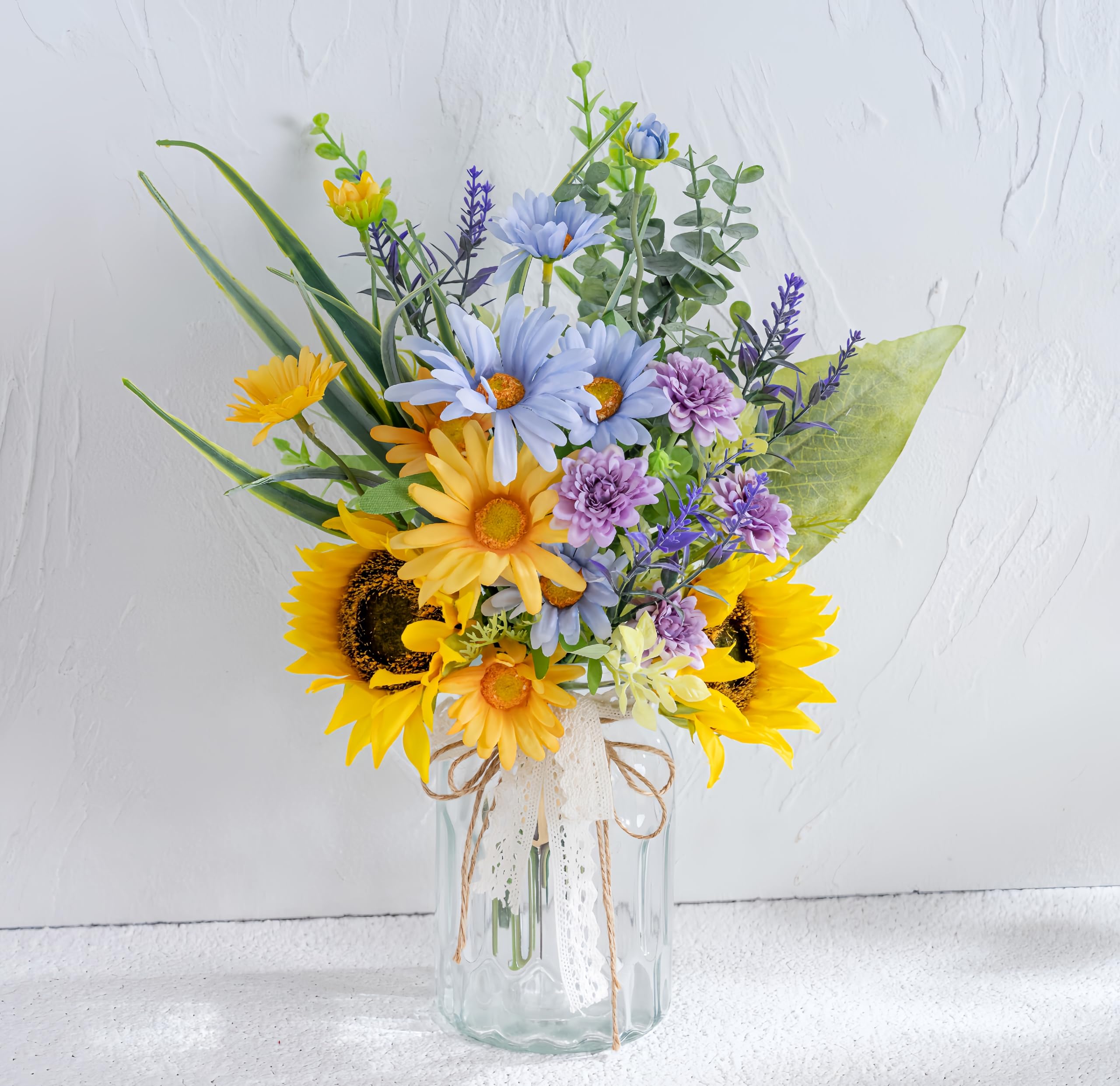 LUEUR artificial silk sunflower bouquet in a glass vase brightens coffee table decor