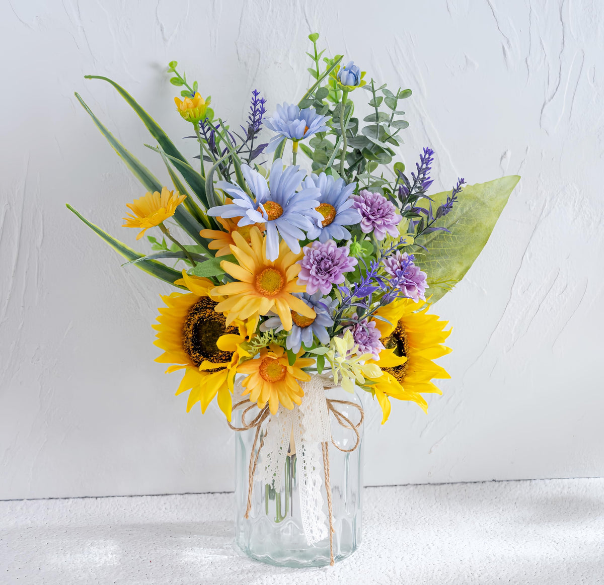 LUEUR artificial silk sunflower bouquet in a glass vase brightens coffee table decor