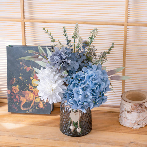 LUEUR blue elegant faux flowers in glass vase brighten kitchen or office.