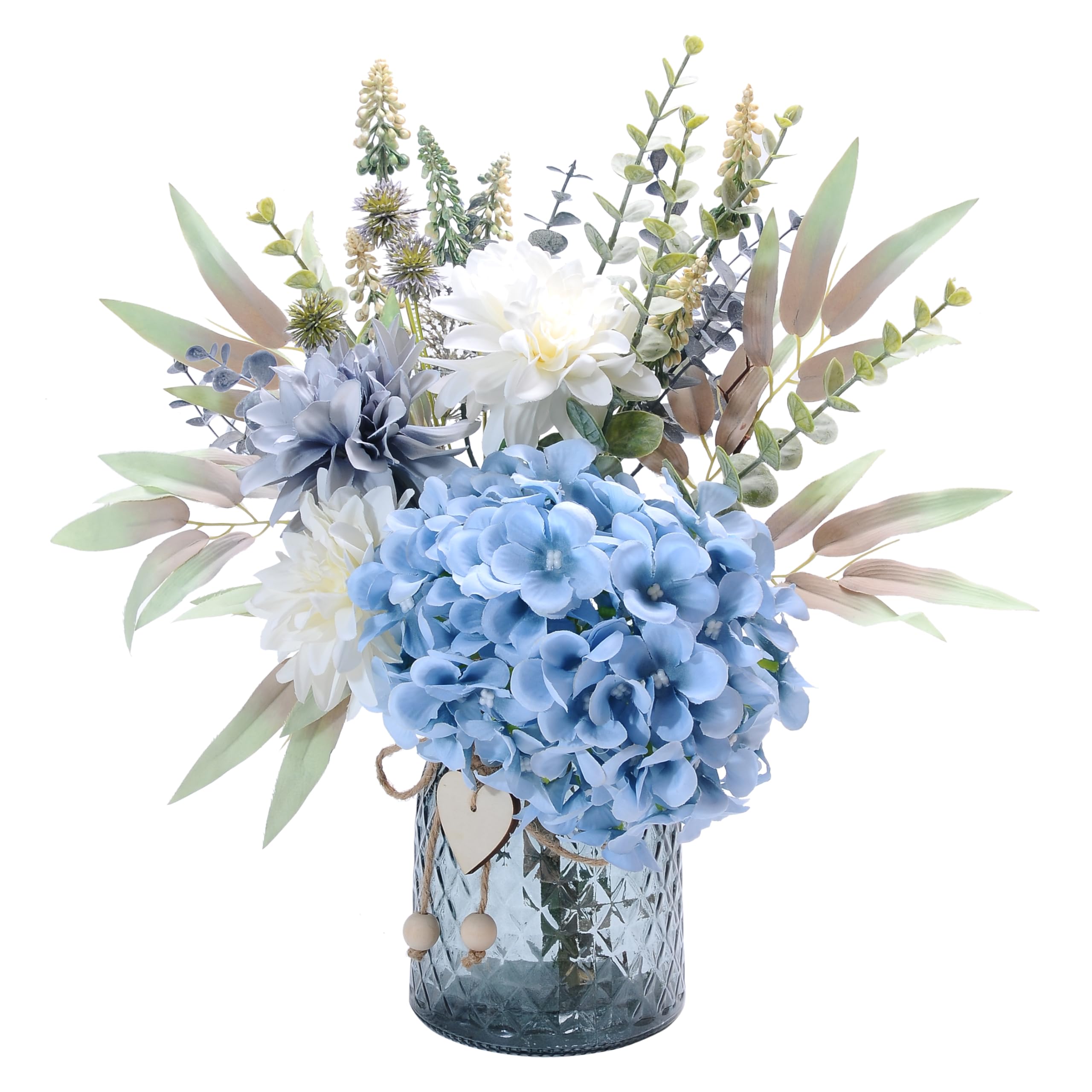 LUEUR fake flowers with vase featuring hydrangea and dahlias in a lifelike centerpiece.