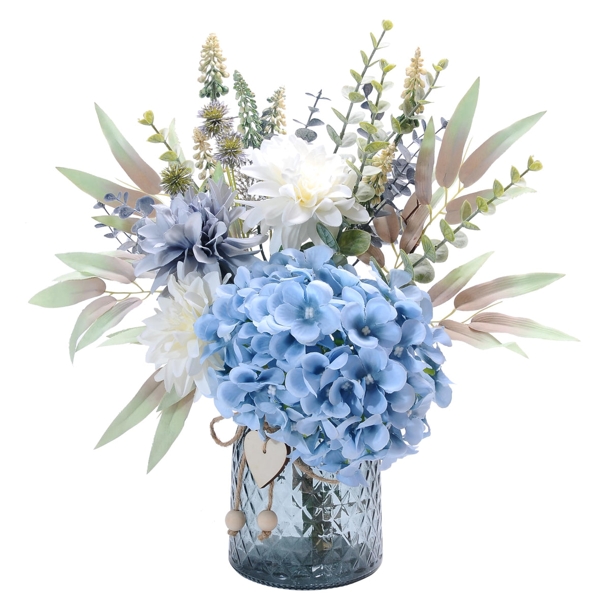 LUEUR fake flowers with vase featuring hydrangea and dahlias in a lifelike centerpiece.