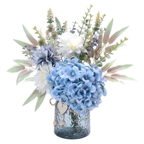 LUEUR fake flowers with vase featuring hydrangea and dahlias in a lifelike centerpiece.