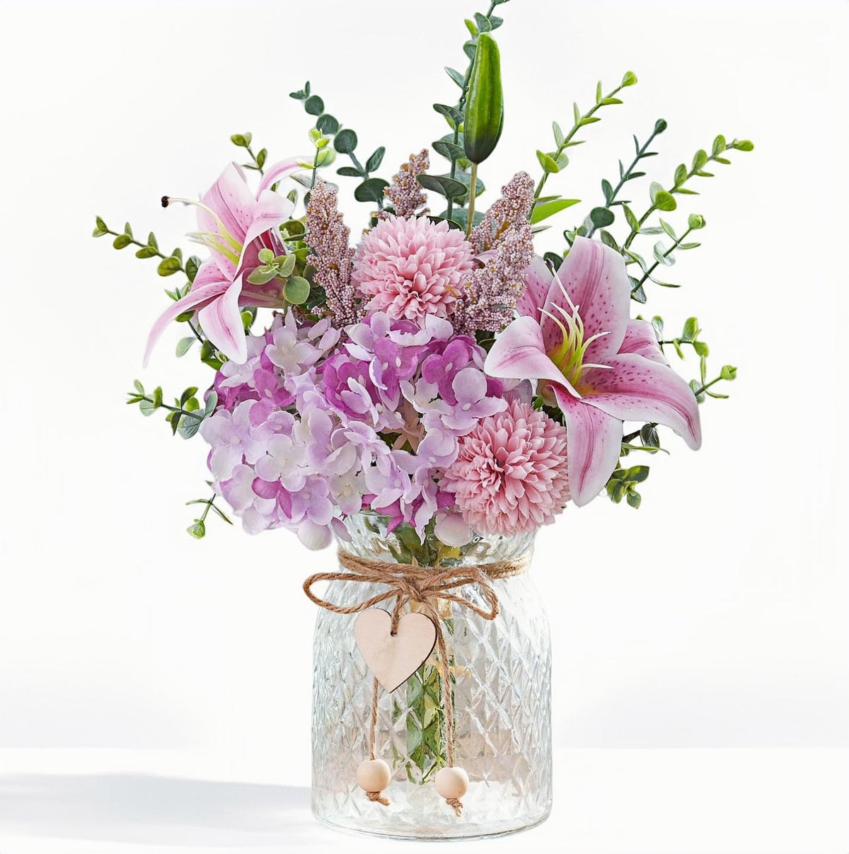 LUEUR faux flowers with vase featuring pink lilies, hydrangeas, and dandelions for year-round beauty.