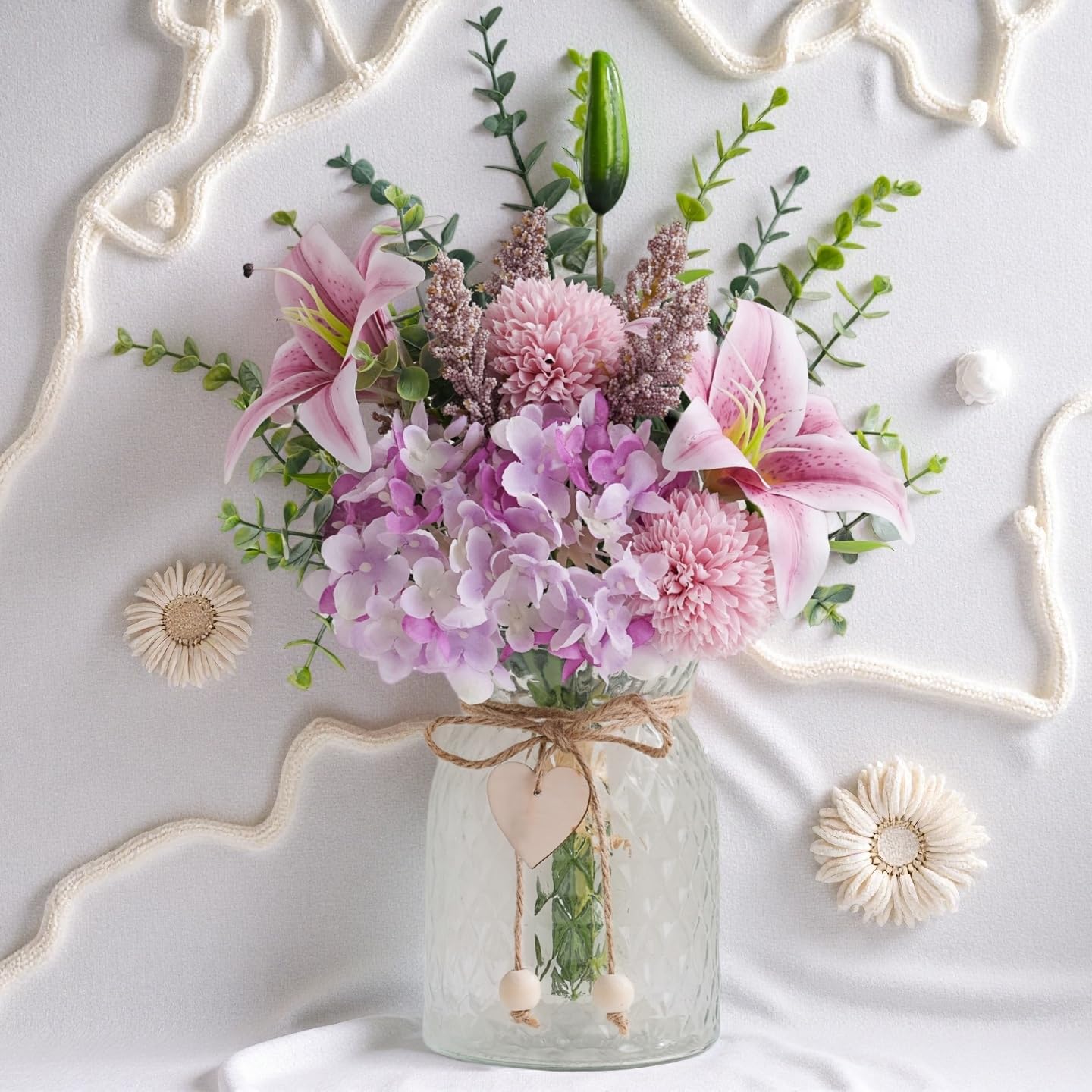 LUEUR ready-to-display vase arrangement with pink lilies and purple hydrangeas.