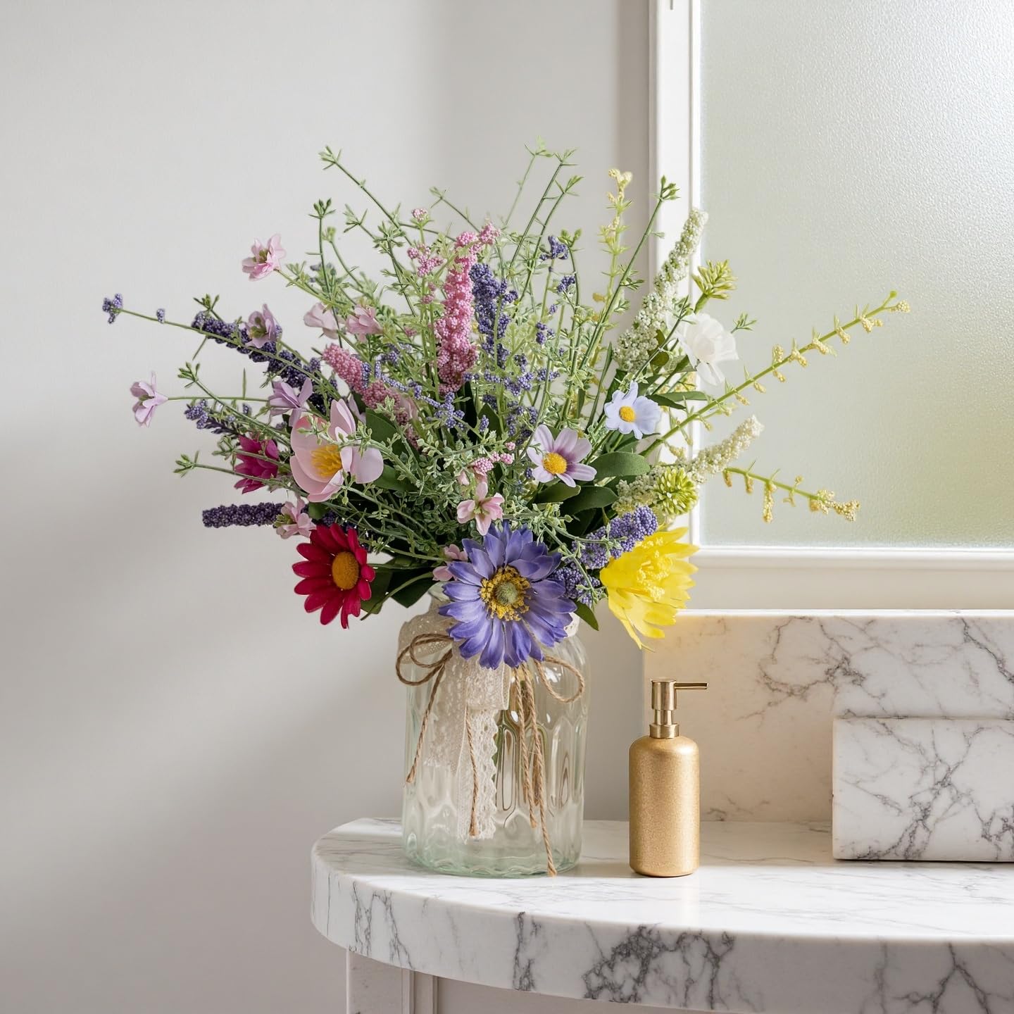 LUEUR silk daisies and sunflowers arrangement with lifelike textures for year round charm.