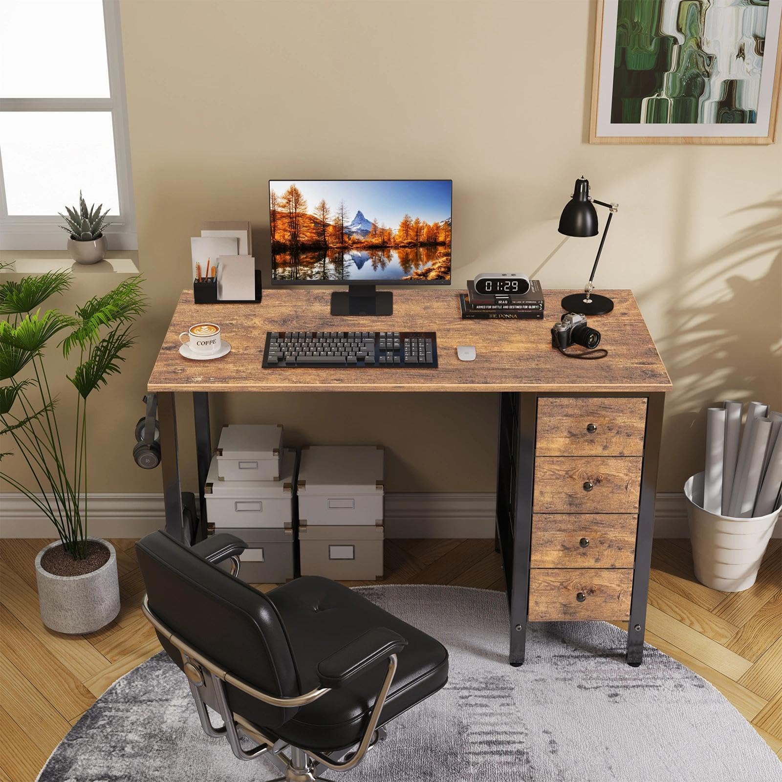 Lufeiya 40-inch desk with fabric drawers, side view showing reversible setup.